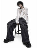 Cargo jeans for men loose fit in dark washed denim with wide-leg shape, oversized cargo pockets, zip details, and hanging strap accents shown in front and back view.