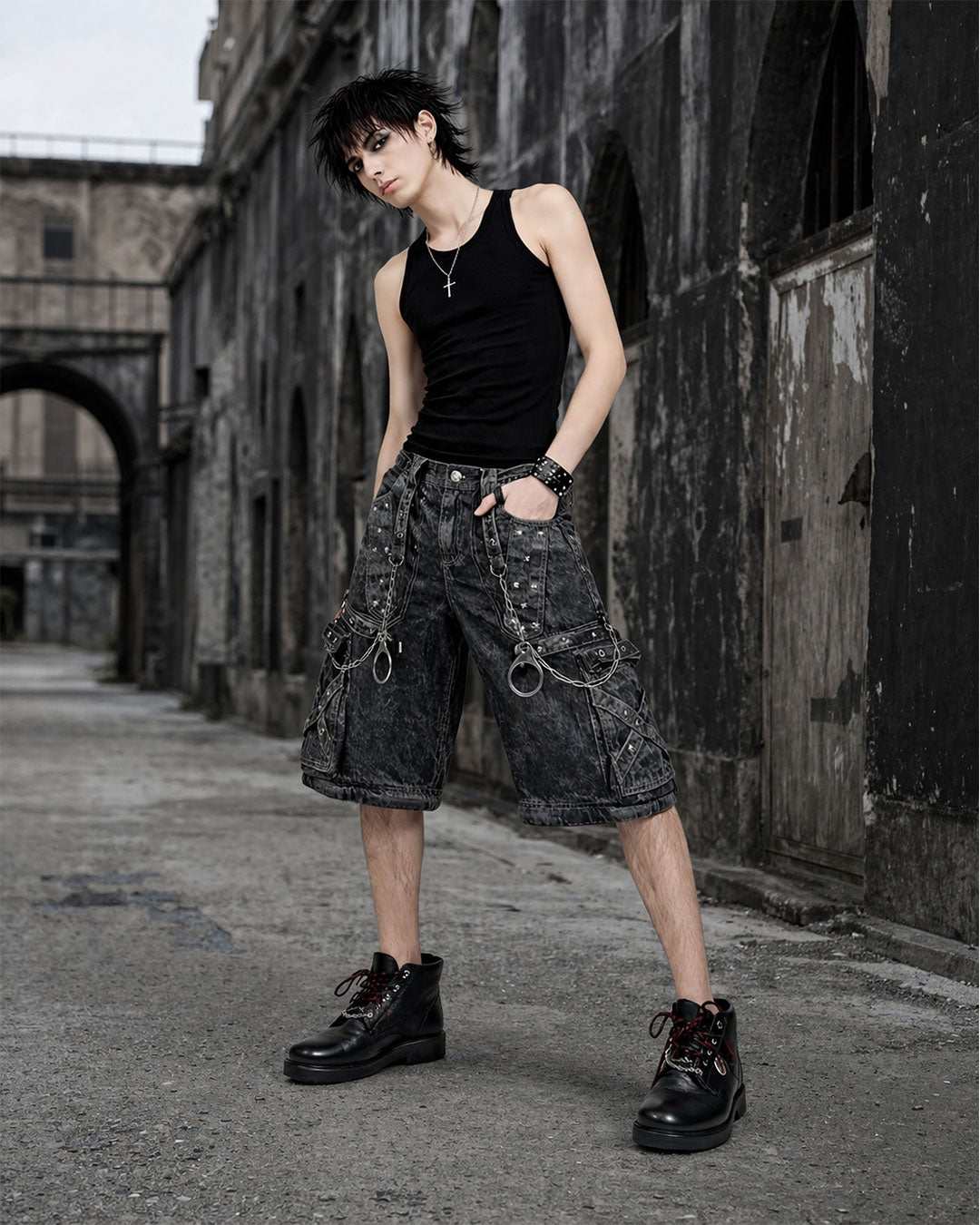 mens grey gothic cargo pants cyber convertible streetwear loose fit