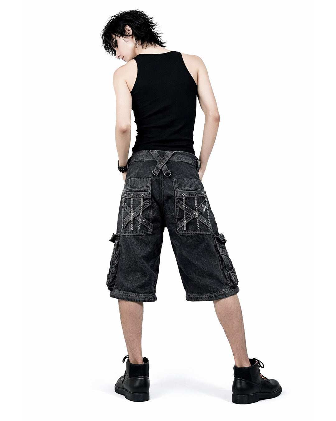 mens grey gothic cargo pants cyber convertible streetwear loose fit