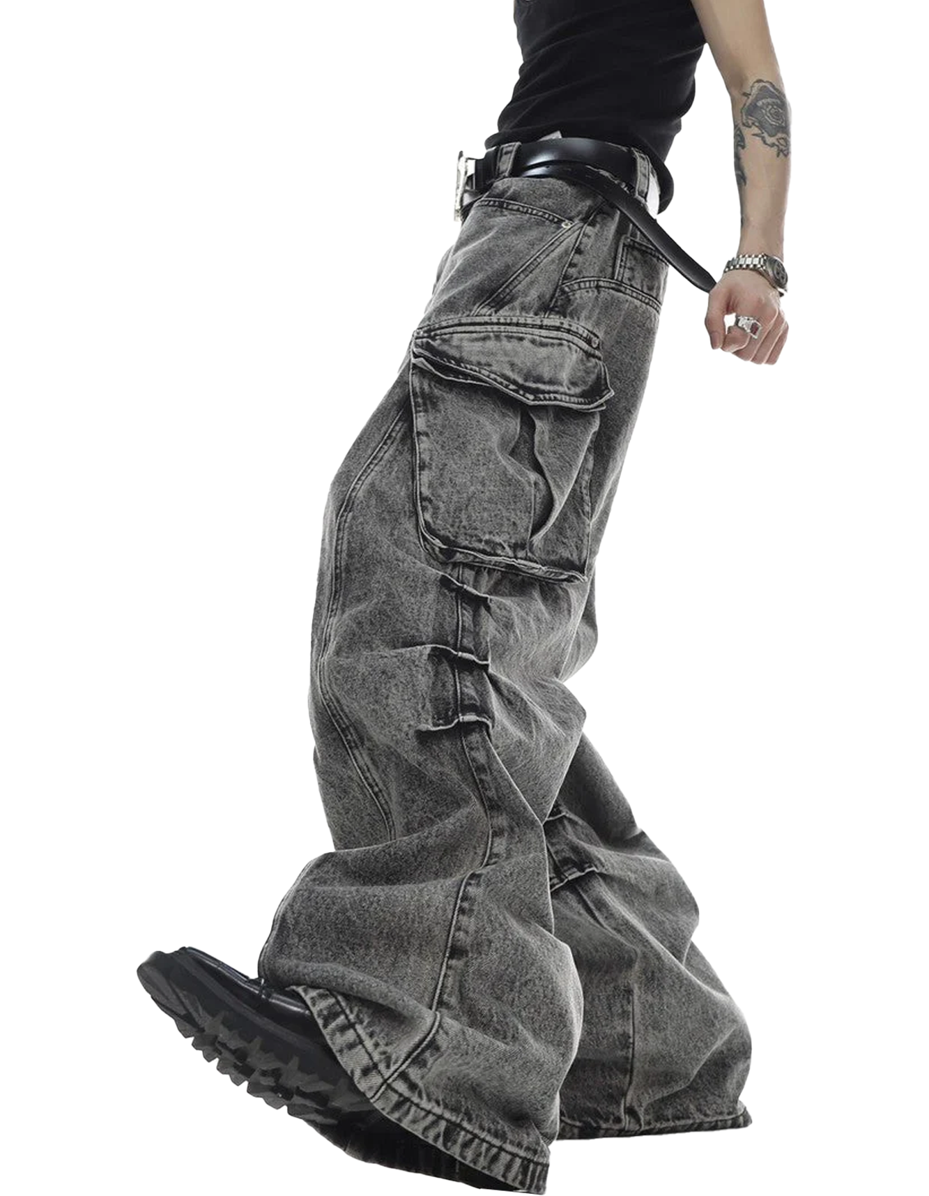 Y2K Unisex Grey Cargo Pants Baggy Jeans Vintage Streetwear Wide Leg Stone Washed Denim Pants