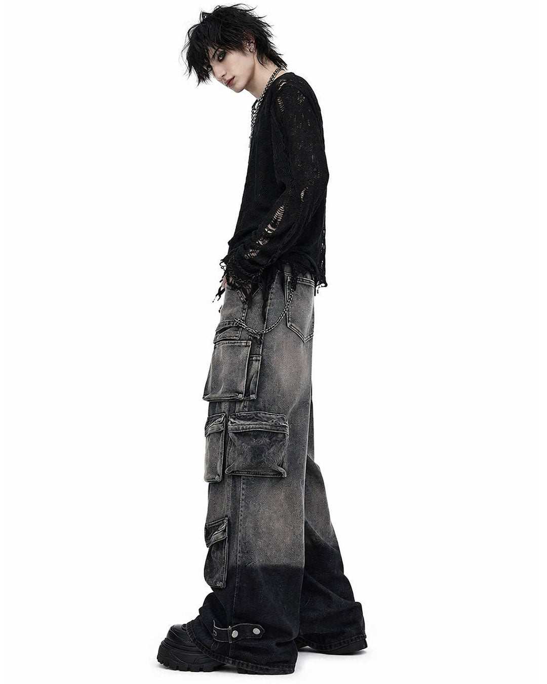Mens wrangler cargo jeans in washed grey-black denim with baggy wide-leg fit and oversized utility pockets shown in front and back view.