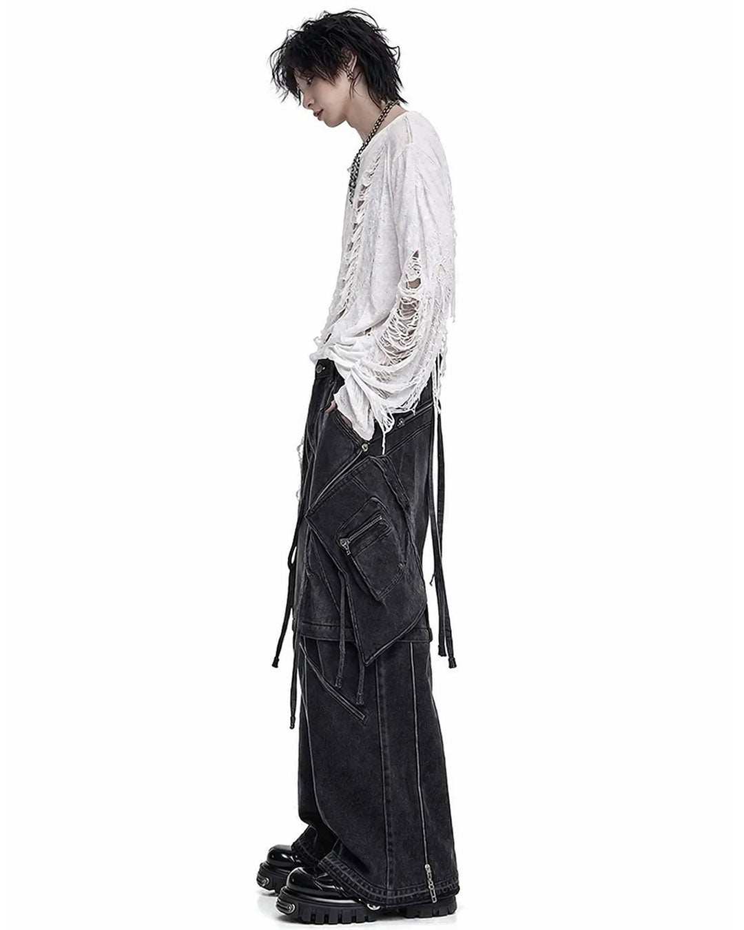 Cargo jeans for men loose fit in dark washed denim with wide-leg shape, oversized cargo pockets, zip details, and hanging strap accents shown in front and back view.