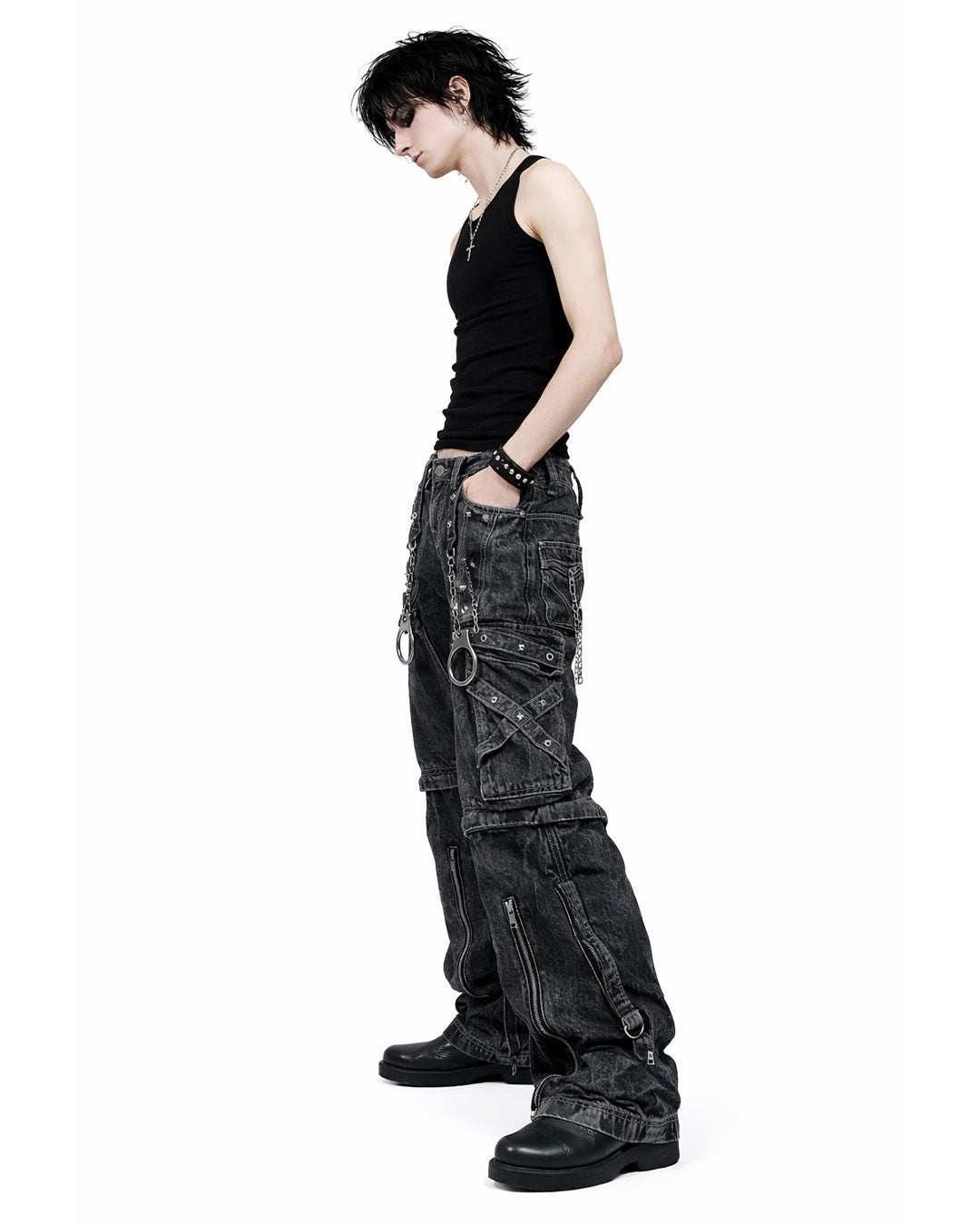 mens grey gothic cargo pants cyber convertible streetwear loose fit